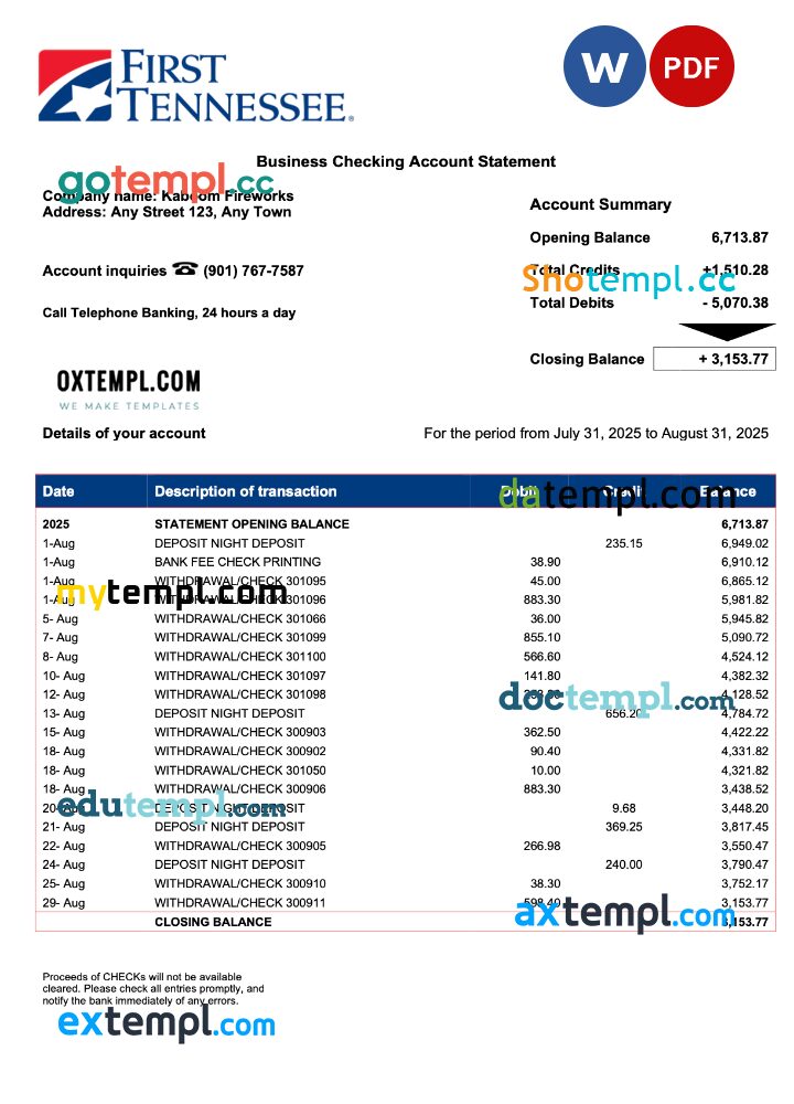 US First Tennessee business checking account statement Word and PDF template US First Tennessee business checking account statement Word and PDF template