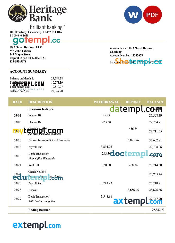 US Heritage business checking account statement Word and PDF template US Heritage business checking account statement Word and PDF template