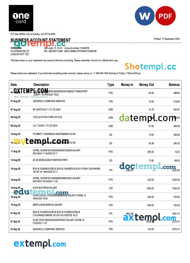 USA 1One Card enterprise statement Word and PDF template USA 1One Card enterprise statement Word and PDF template