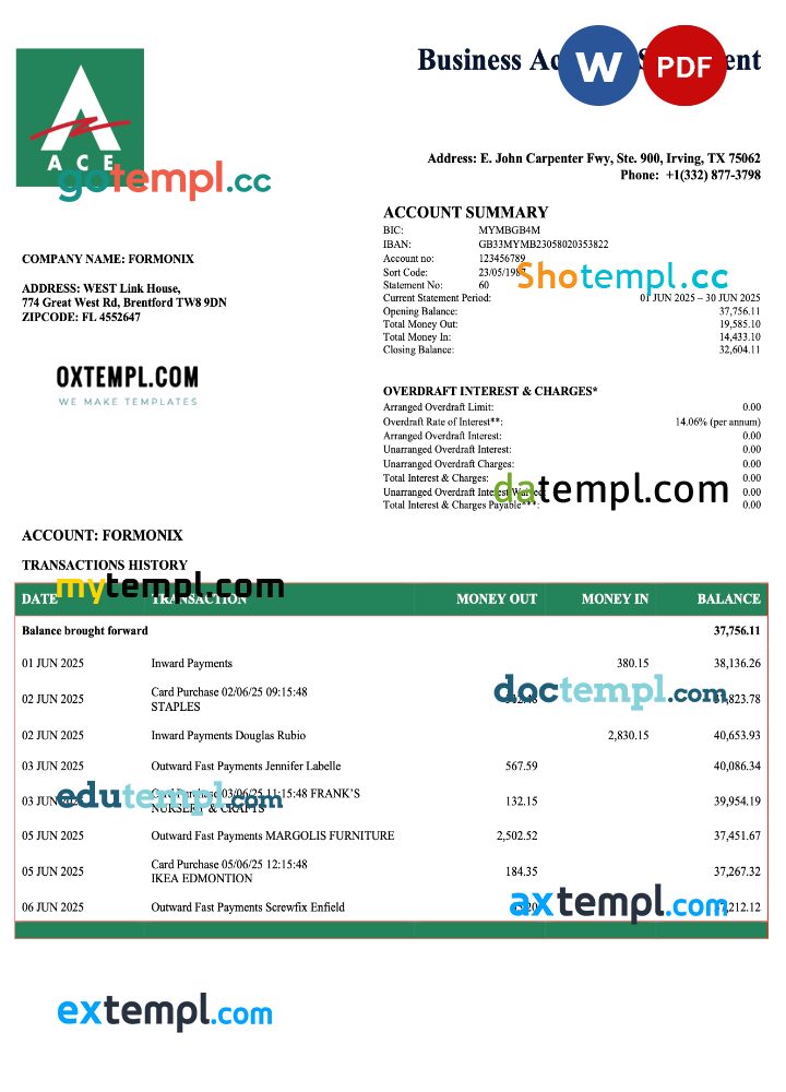 USA ACE business checking account statement Word and PDF template USA ACE business checking account statement Word and PDF template