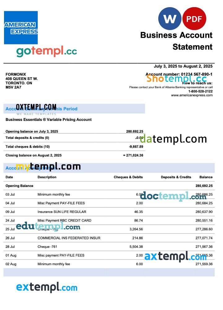 USA American Express firm account statement Word and PDF template USA American Express firm account statement Word and PDF template