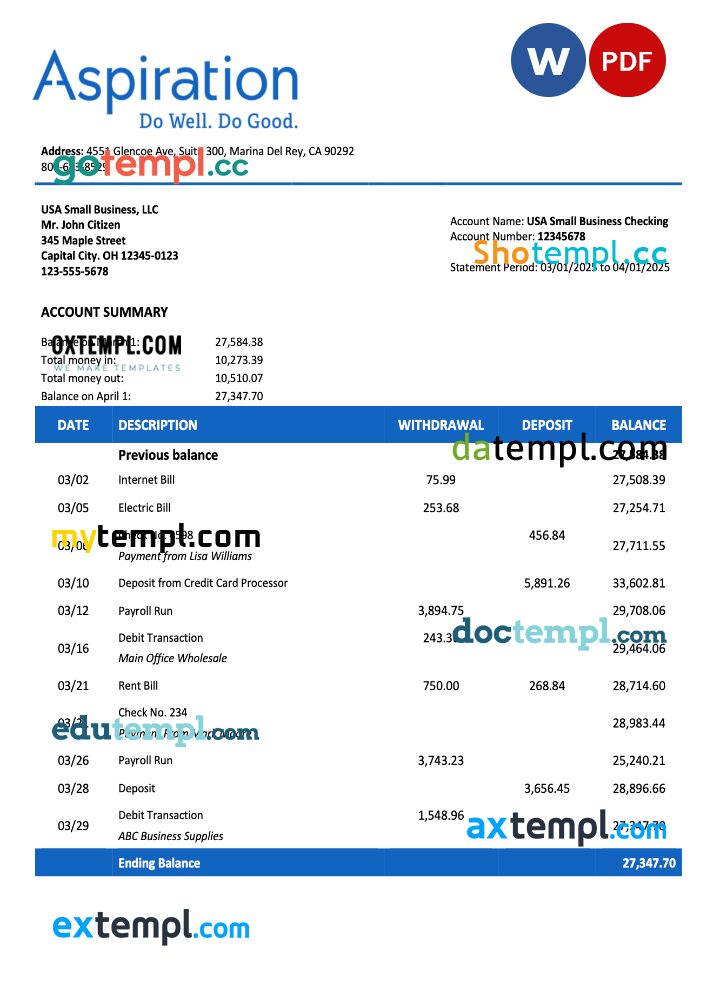 USA Aspirationfirm account statement Word and PDF template USA Aspirationfirm account statement Word and PDF template