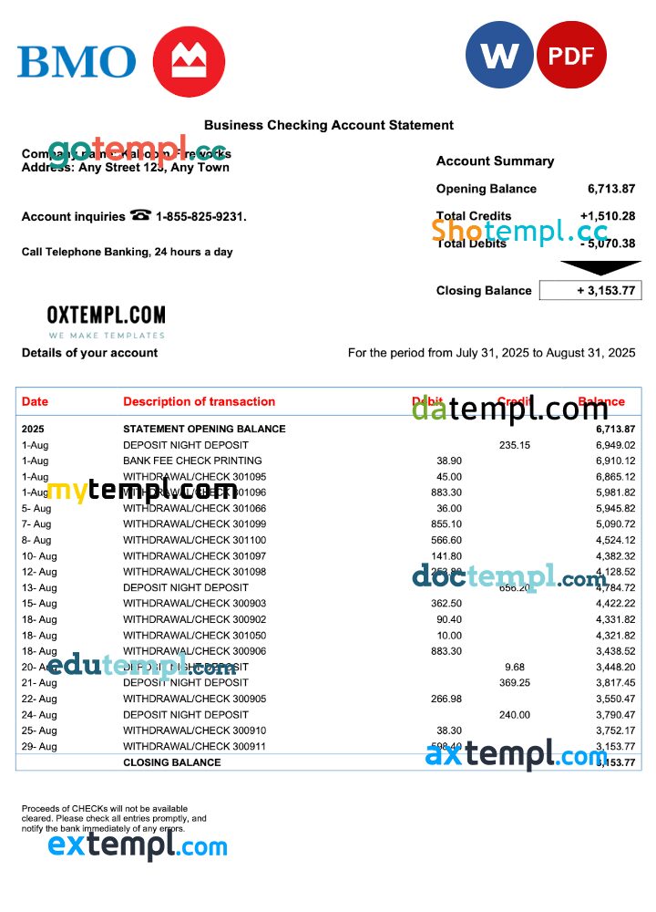 USA BMO Bank of Montreal business checking account statement Word and PDF template USA BMO Bank of Montreal business checking account statement Word and PDF template