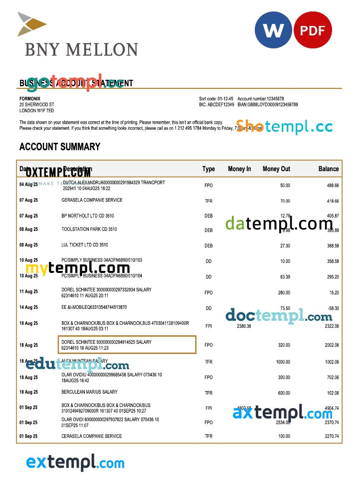 USA Bank of New York Mellon organization statement Word and PDF template USA Bank of New York Mellon organization statement Word and PDF template