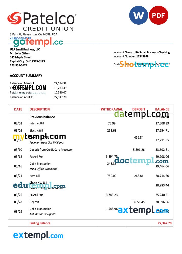 USA California Patelco Credit Union firm account statement Word and PDF template USA California Patelco Credit Union firm account statement Word and PDF template