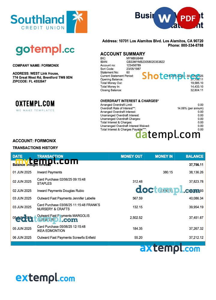 USA California Southland Credit Union business checking account statement Word and PDF template USA California Southland Credit Union business checking account statement Word and PDF template