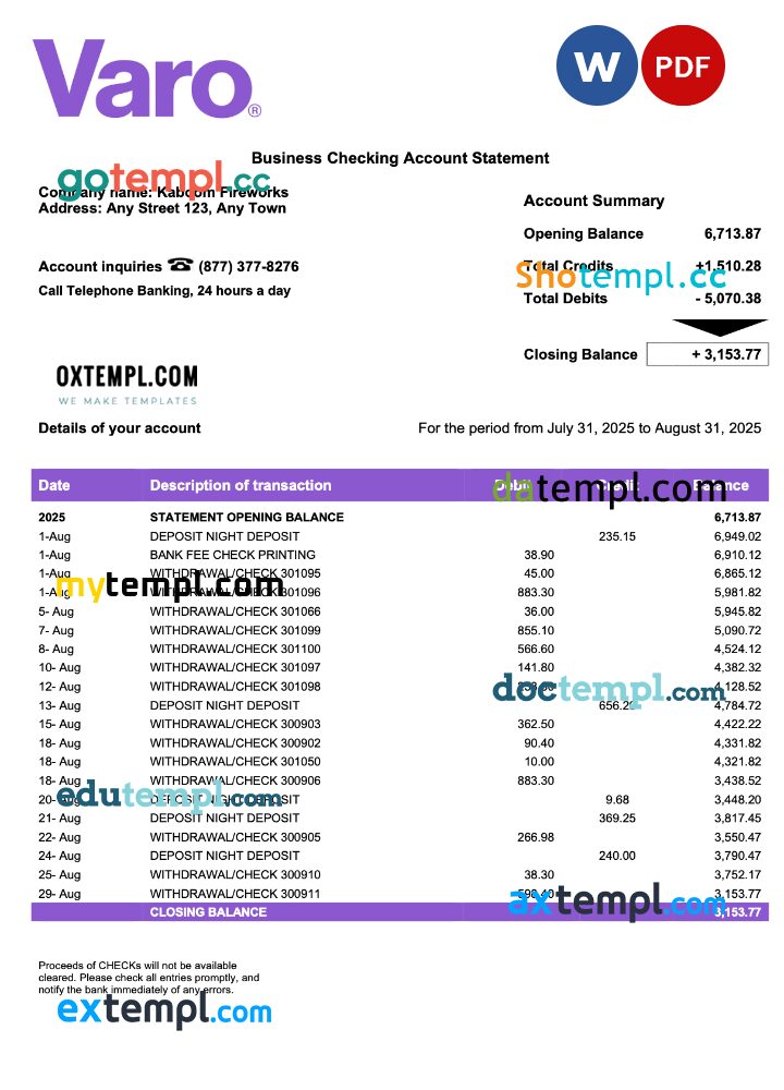 USA California Varo organization checking account statement Word and PDF template USA California Varo organization checking account statement Word and PDF template