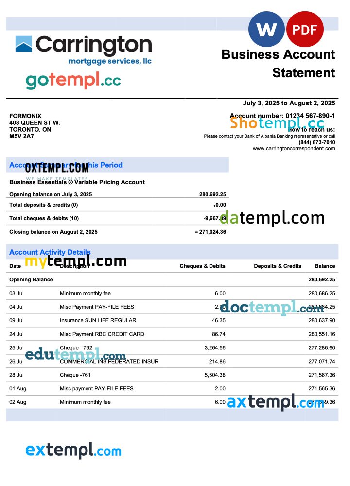 USA Carrington Mortgage Services business checking account statement Word and PDF template USA Carrington Mortgage Services business checking account statement Word and PDF template