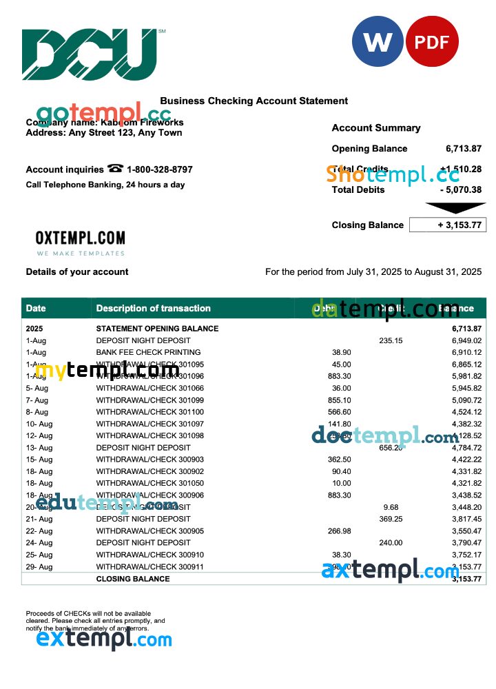 USA DCU company checking account statement Word and PDF template USA DCU company checking account statement Word and PDF template