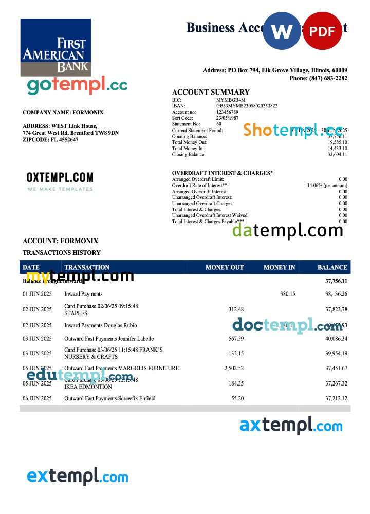 USA First America Bank company checking account statement Word and PDF template USA First America Bank company checking account statement Word and PDF template