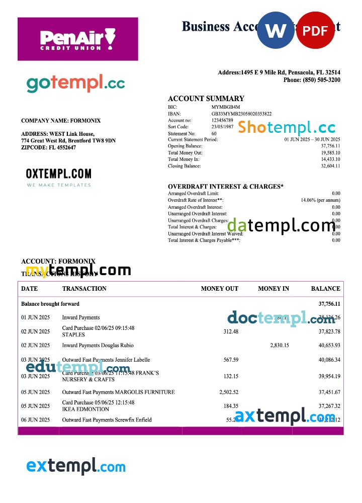 USA Florida PenAir Credit Union organization statement Word and PDF template USA Florida PenAir Credit Union organization statement Word and PDF template