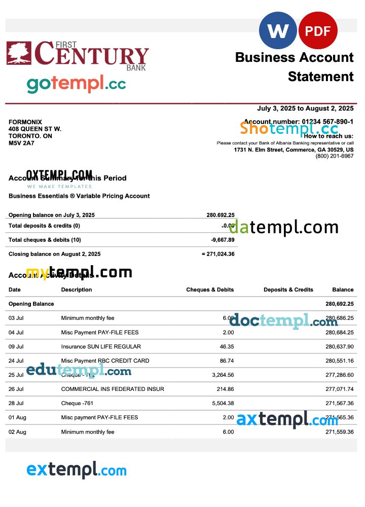 USA Georgian Gainesville First Century firm account statement Word and PDF template USA Georgian Gainesville First Century firm account statement Word and PDF template