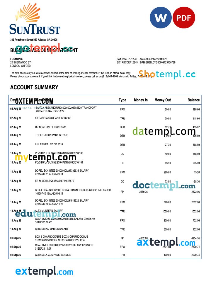 USA Georgian Sun Trust enterprise account statement Word and PDF template USA Georgian Sun Trust enterprise account statement Word and PDF template