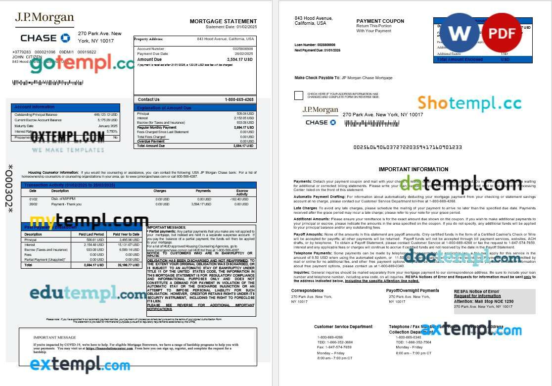 USA JP Morgan Chase bank mortgage statement in Word and PDF formats USA JP Morgan Chase bank mortgage statement in Word and PDF formats