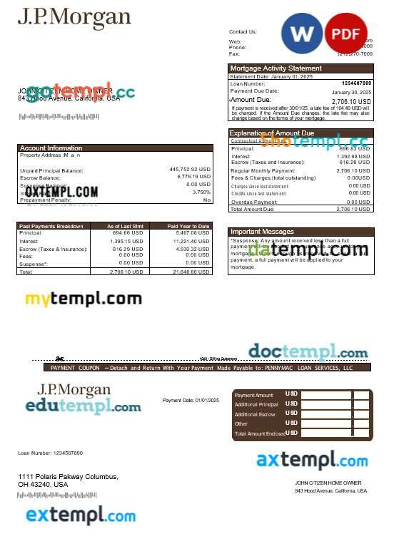 USA JP Morgan bank mortgage statement in Word and PDF formats USA JP Morgan bank mortgage statement in Word and PDF formats