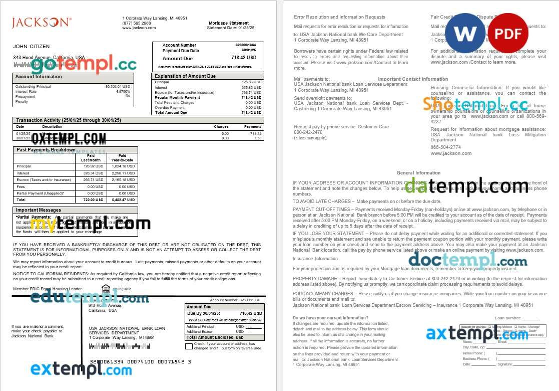 USA Jackson National bank mortgage statement in Word and PDF formats USA Jackson National bank mortgage statement in Word and PDF formats