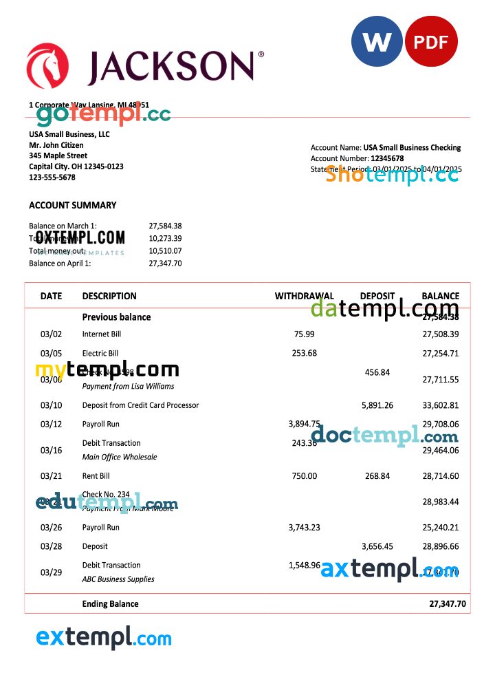 USA Jackson National organization account statement Word and PDF template USA Jackson National organization account statement Word and PDF template