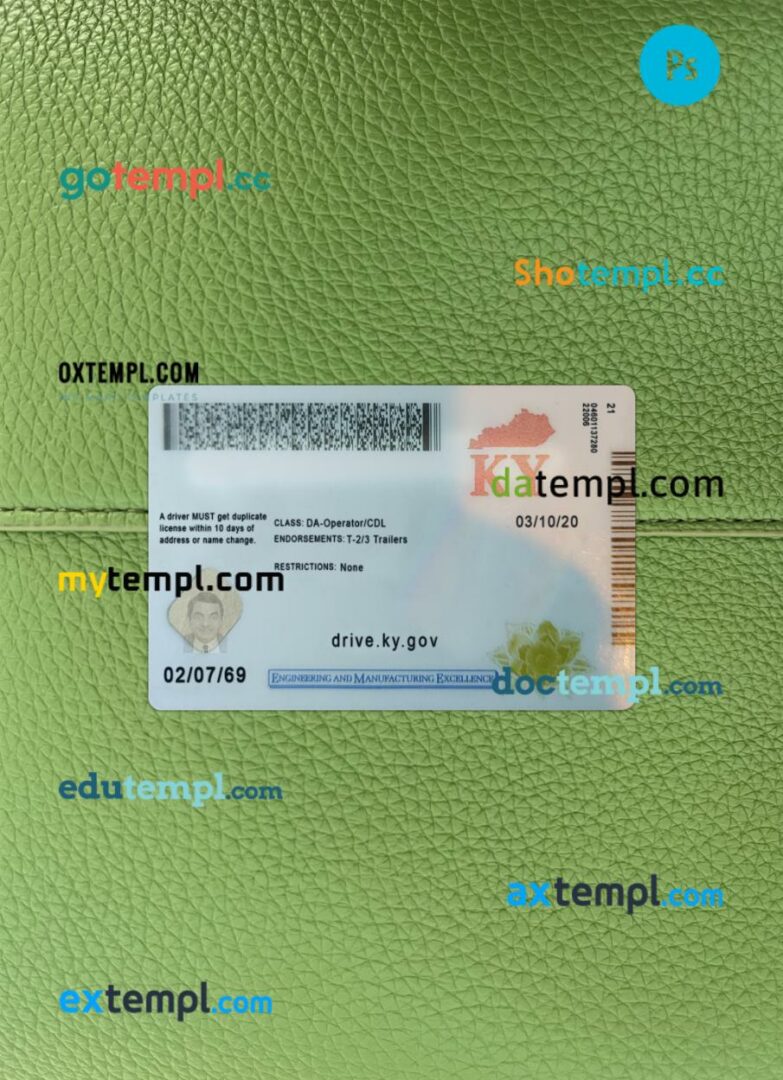 USA Kentucky driving license PSD files, scan look and photographed image, 2 in 1, 2022-present USA Kentucky driving license PSD files, scan look and photographed image, 2 in 1, 2022-present - Image 2