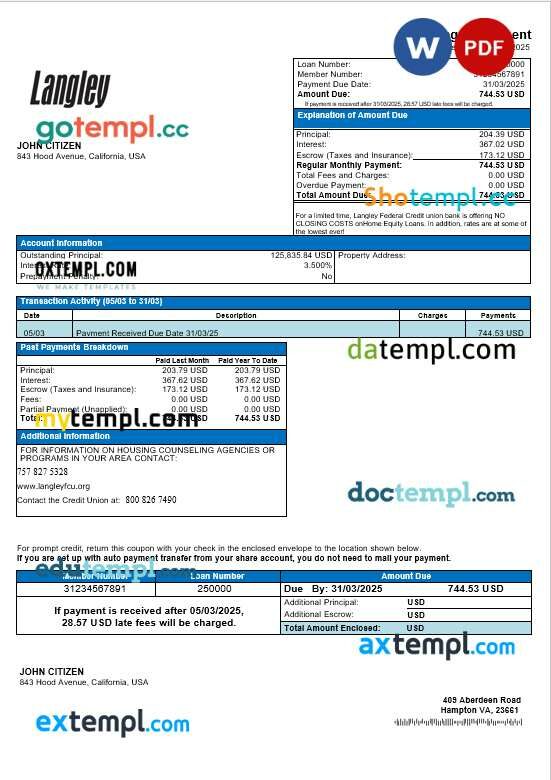 USA Langley Federal Credit Union bank mortgage statement in Word and PDF formats USA Langley Federal Credit Union bank mortgage statement in Word and PDF formats
