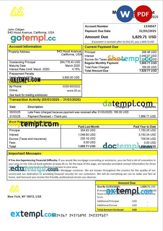 USA Lili bank mortgage statement in Word and PDF formats USA Lili bank mortgage statement in Word and PDF formats