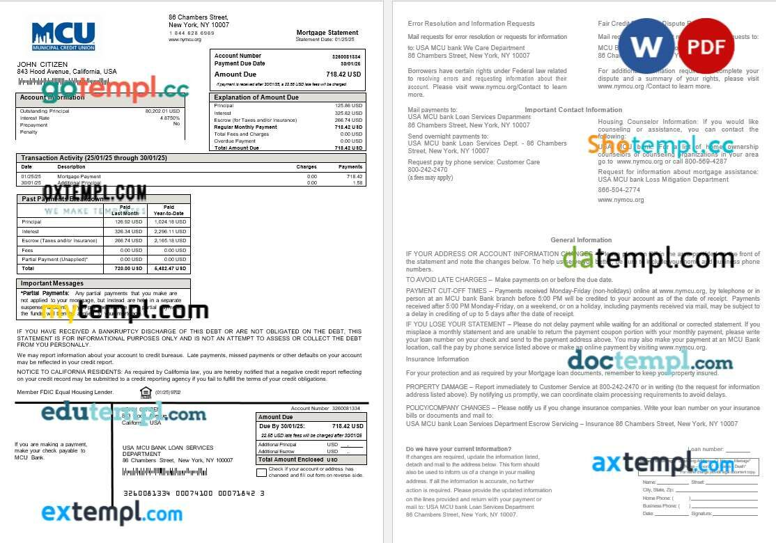 USA MCU bank mortgage statement in Word and PDF formats USA MCU bank mortgage statement in Word and PDF formats
