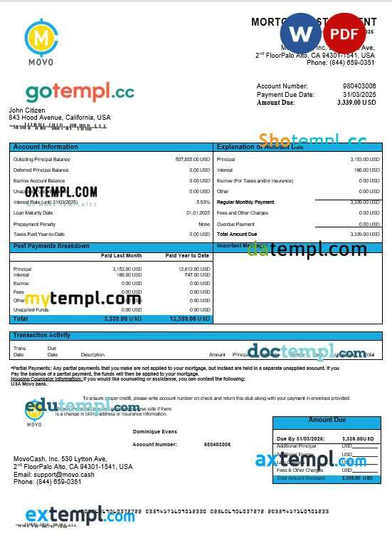 USA MOVO bank mortgage statement in Word and PDF formats USA MOVO bank mortgage statement in Word and PDF formats