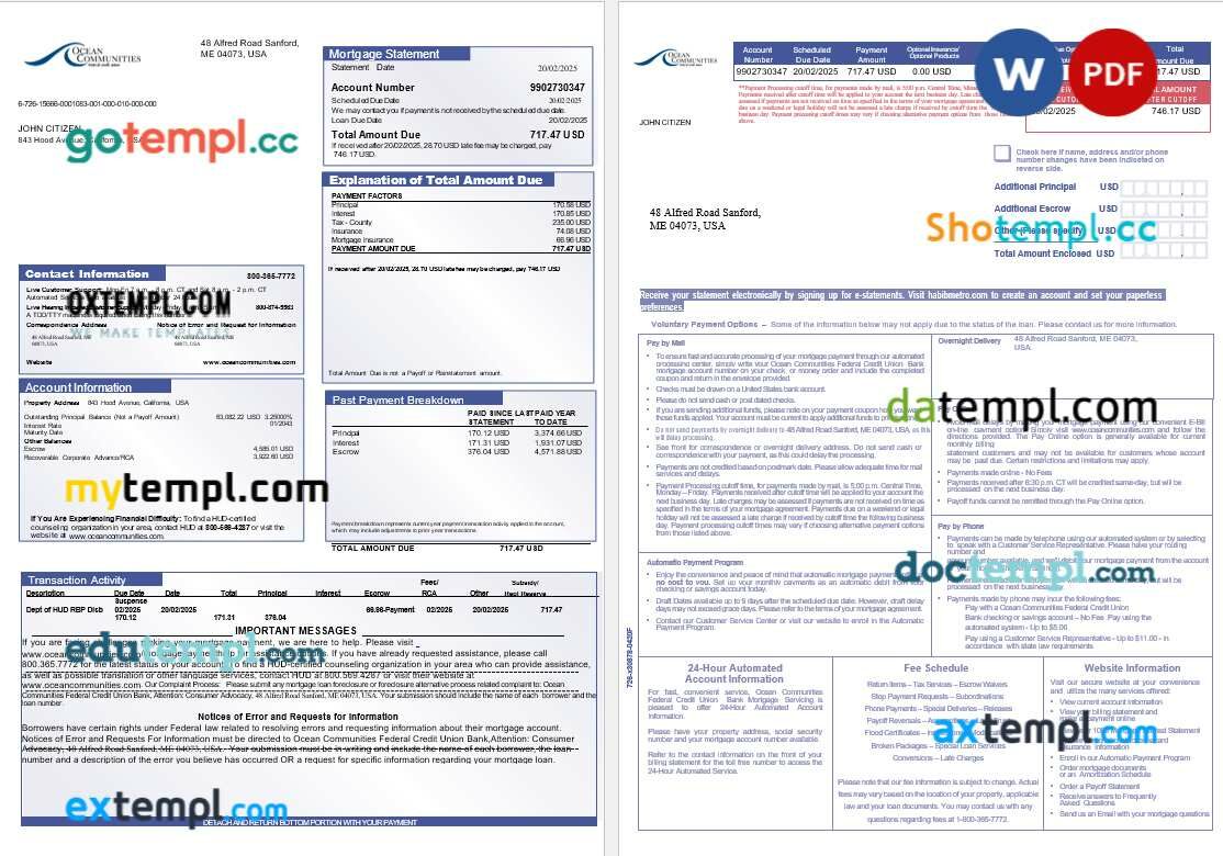 USA Maine Ocean Communities Federal Credit Union bank mortgage statement in Word and PDF formats, 3 pages USA Maine Ocean Communities Federal Credit Union bank mortgage statement in Word and PDF formats, 3 pages
