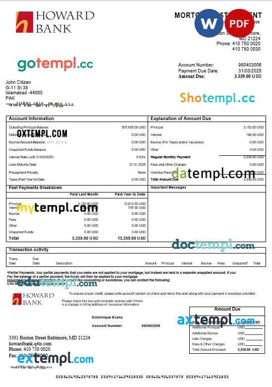 USA Maryland Howard Business bank mortgage statement in Word and PDF formats USA Maryland Howard Business bank mortgage statement in Word and PDF formats