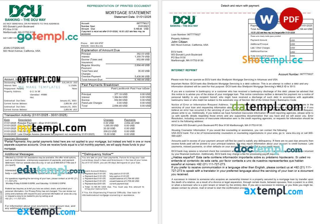 USA Massachusetts Digital Federal Credit Union (DCU) bank mortgage statement in Word and PDF formats, 3 pages USA Massachusetts Digital Federal Credit Union (DCU) bank mortgage statement in Word and PDF formats, 3 pages
