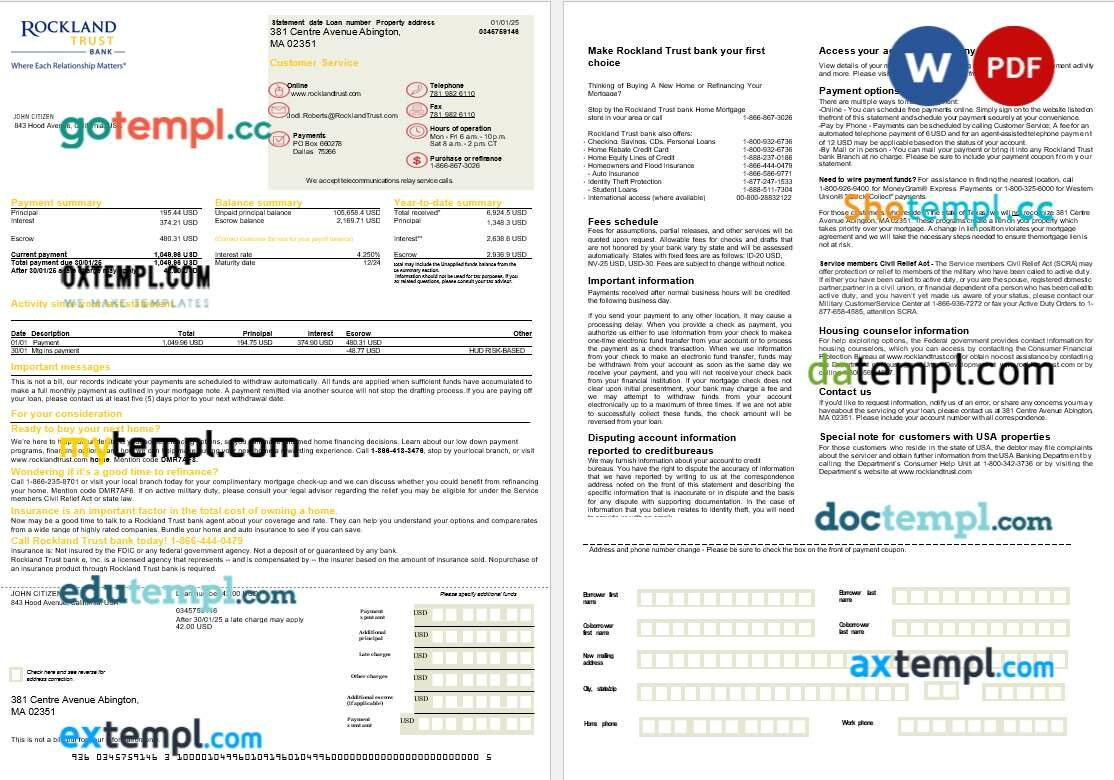 USA Massachusetts Rockland Trust bank mortgage statement in Word and PDF formats, 2 pages USA Massachusetts Rockland Trust bank mortgage statement in Word and PDF formats, 2 pages