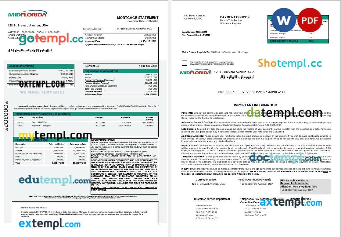 USA MidFlorida Credit Union bank mortgage statement in Word and PDF formats USA MidFlorida Credit Union bank mortgage statement in Word and PDF formats