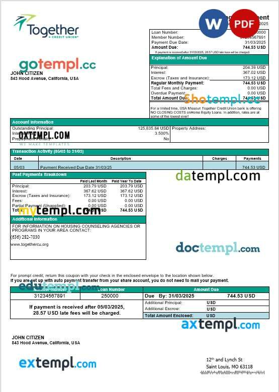 USA Missouri Together Credit Union bank mortgage statement in Word and PDF formats USA Missouri Together Credit Union bank mortgage statement in Word and PDF formats