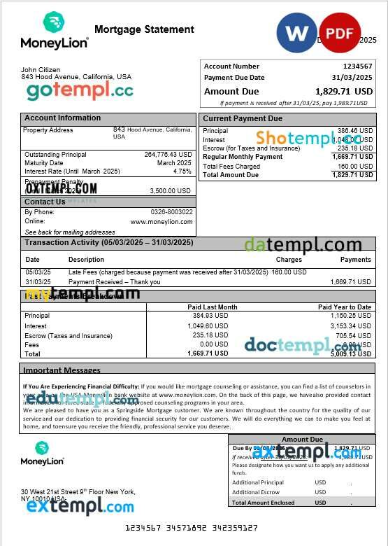 USA Moneylion bank mortgage statement in Word and PDF formats USA Moneylion bank mortgage statement in Word and PDF formats