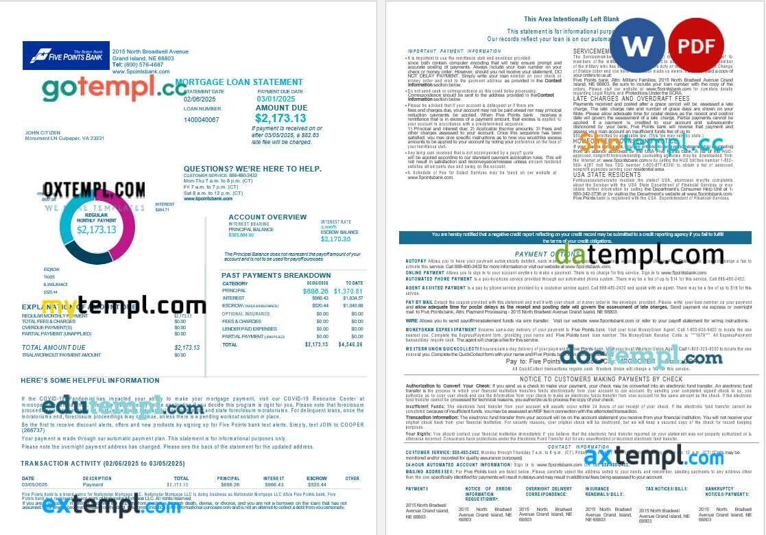 USA Nebraska Five Points Bank mortgage loan statement in Word and PDF formats, 4 pages USA Nebraska Five Points Bank mortgage loan statement in Word and PDF formats, 4 pages