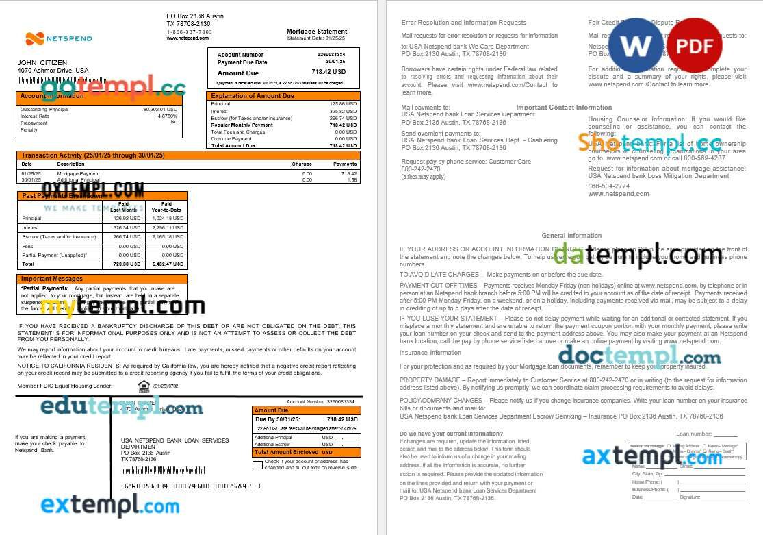 USA Netspend bank mortgage statement in Word and PDF formats USA Netspend bank mortgage statement in Word and PDF formats