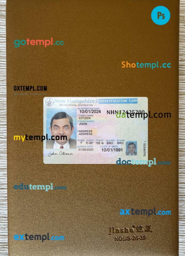 USA New Hampshire ID card editable PSD files, scan look and photo-realistic look, 2 in 1 USA New Hampshire ID card editable PSD files, scan look and photo-realistic look, 2 in 1