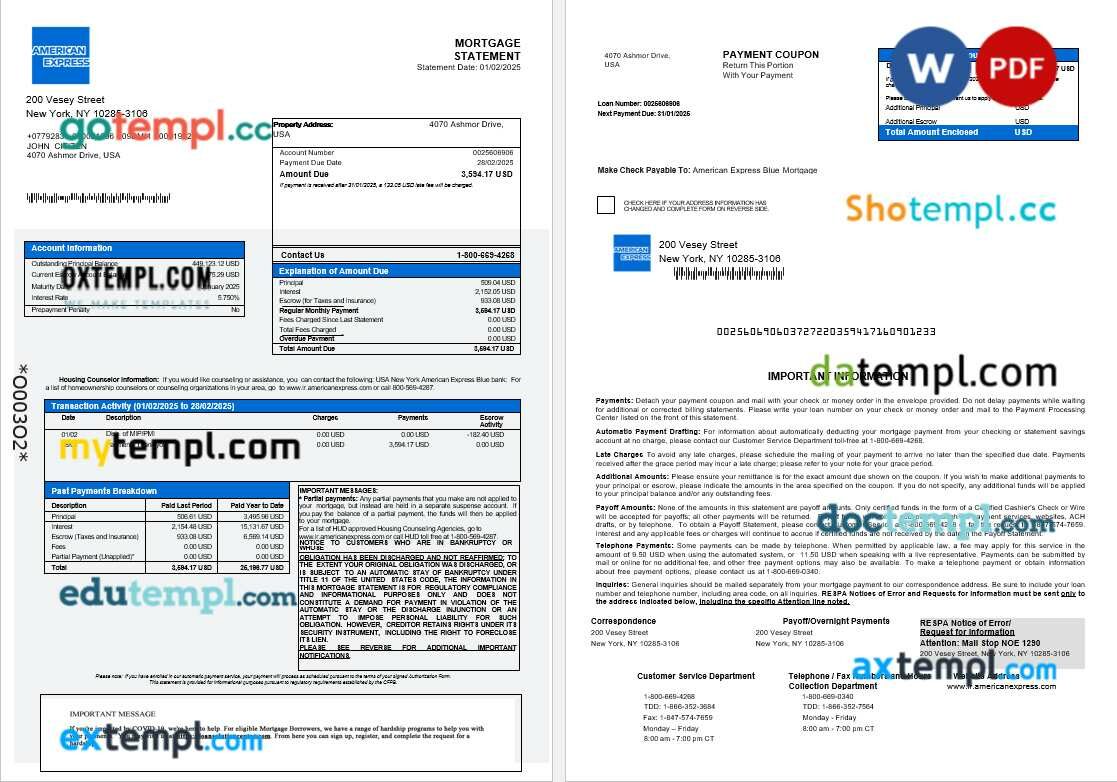 USA New York American Express Blue bank mortgage statement in Word and PDF formats USA New York American Express Blue bank mortgage statement in Word and PDF formats