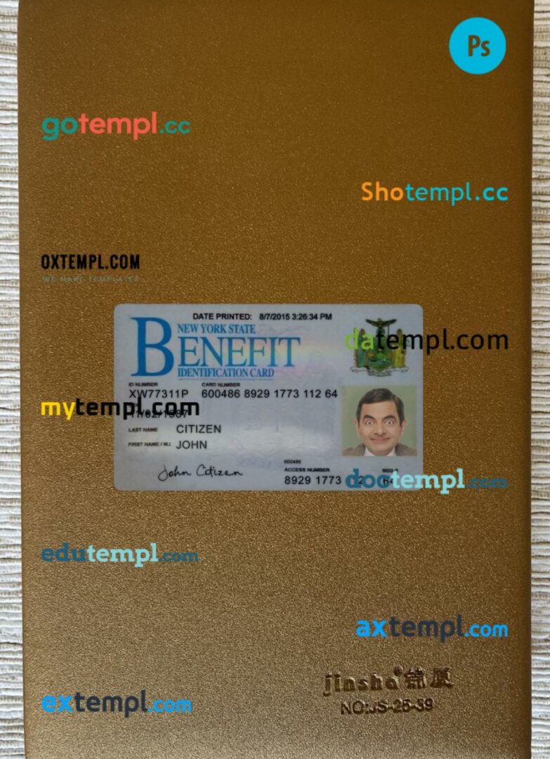 USA New York Benefit ID card editable PSD files, scan look and photo-realistic look, 2 in 1 USA New York Benefit ID card editable PSD files, scan look and photo-realistic look, 2 in 1