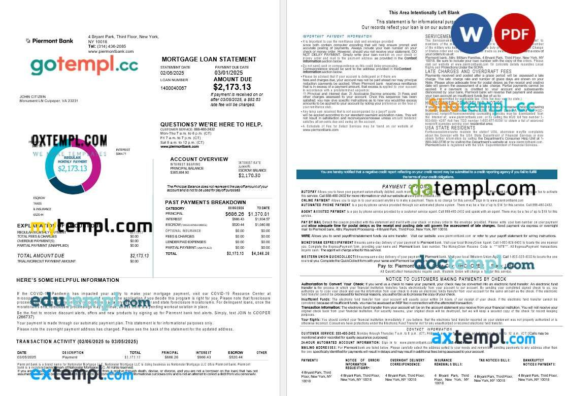 USA New York Piermont bank mortgage loan statement in Word and PDF formats, 4 pages USA New York Piermont bank mortgage loan statement in Word and PDF formats, 4 pages