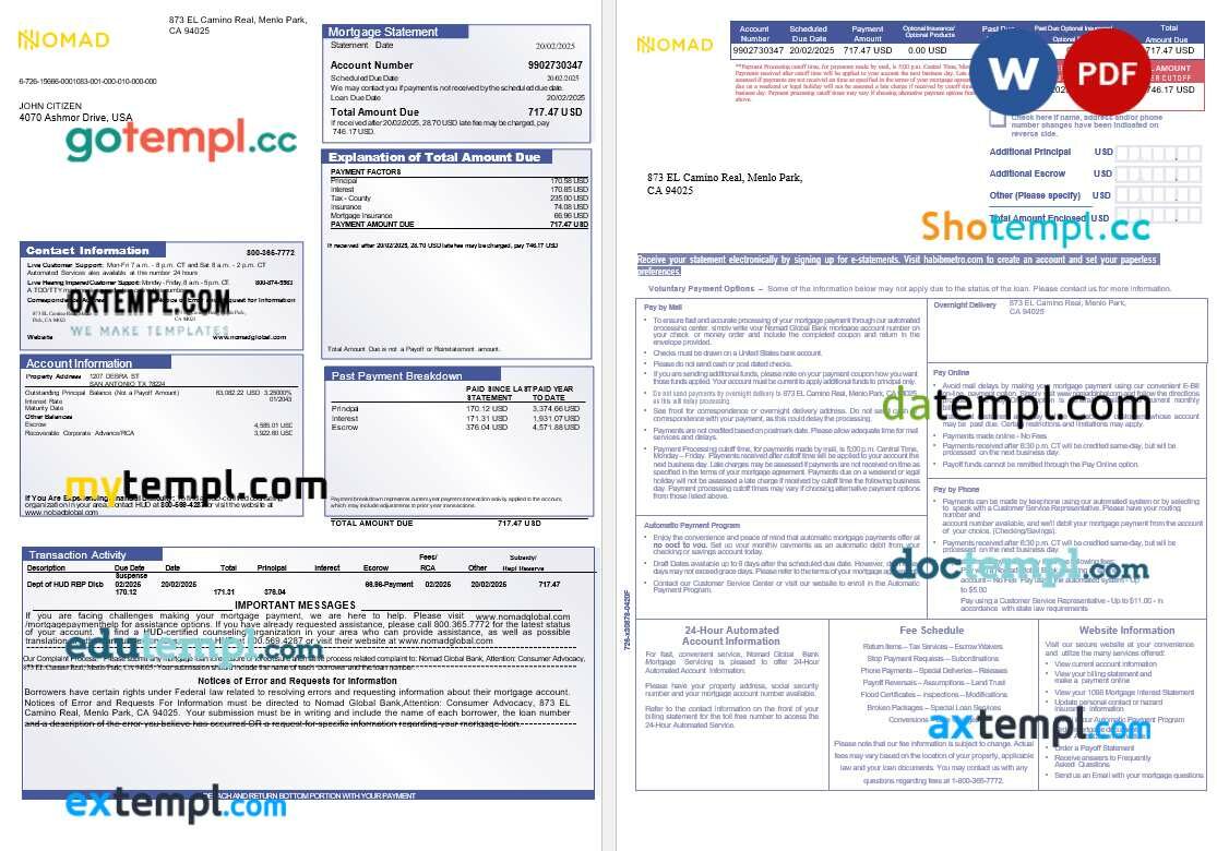 USA Nomad Global bank mortgage statement in Word and PDF formats, 3 pages USA Nomad Global bank mortgage statement in Word and PDF formats, 3 pages