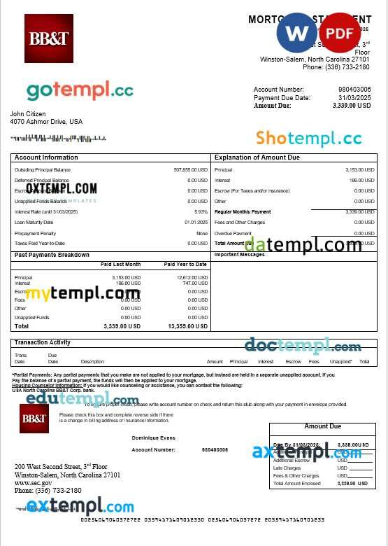 USA North Carolina BB&T Corp. bank mortgage statement in Word and PDF formats USA North Carolina BB&T Corp. bank mortgage statement in Word and PDF formats