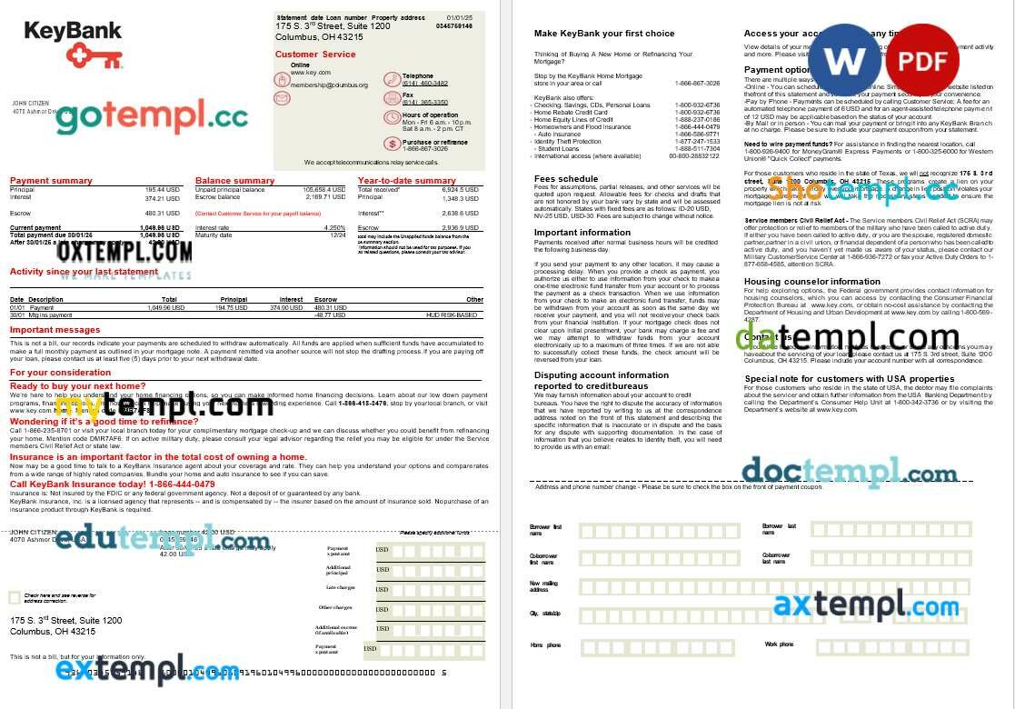 USA Ohio KeyBank bank mortgage statement in Word and PDF formats, 2 pages USA Ohio KeyBank bank mortgage statement in Word and PDF formats, 2 pages