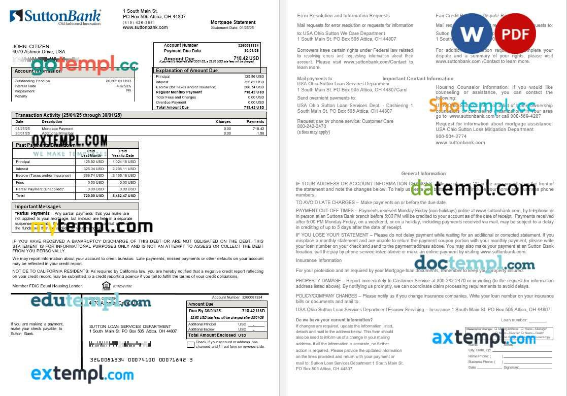 USA Ohio Sutton bank mortgage statement in Word and PDF formats USA Ohio Sutton bank mortgage statement in Word and PDF formats