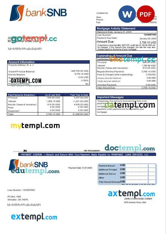 USA Oklahoma SNB bank mortgage statement in Word and PDF formats USA Oklahoma SNB bank mortgage statement in Word and PDF formats