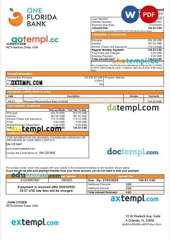 USA One Florida bank mortgage statement in Word and PDF formats USA One Florida bank mortgage statement in Word and PDF formats