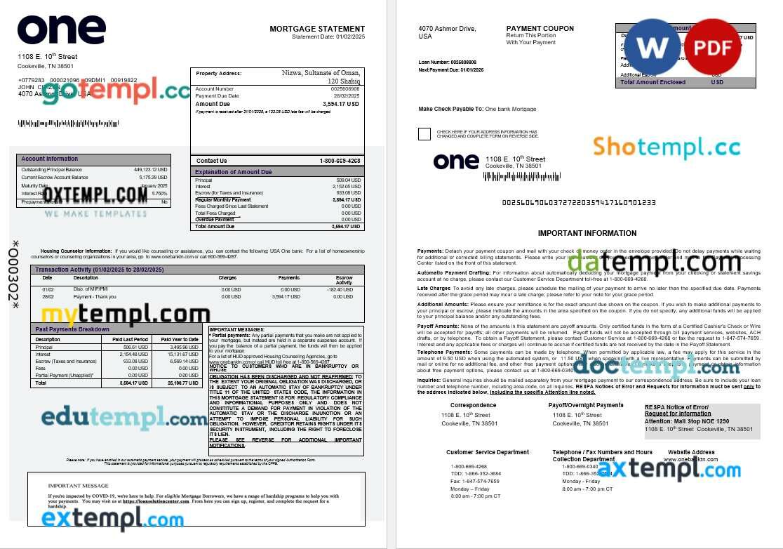 USA One bank mortgage statement in Word and PDF formats USA One bank mortgage statement in Word and PDF formats