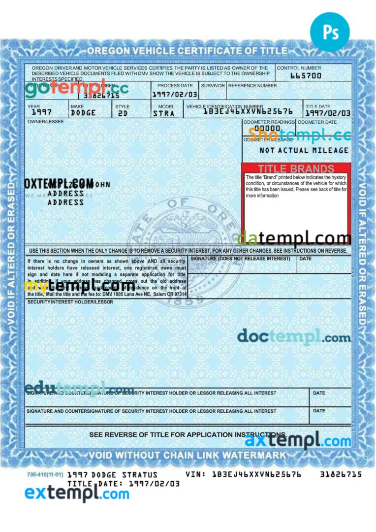 USA Oregon certificate of title of a vehicle (car title) template in PSD format, fully editable, front and back USA Oregon certificate of title of a vehicle (car title) template in PSD format, fully editable, front and back