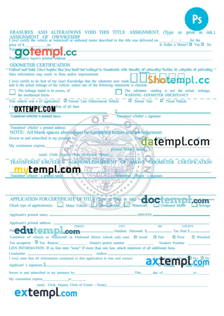 USA Oregon certificate of title of a vehicle (car title) template in PSD format, fully editable, front and back USA Oregon certificate of title of a vehicle (car title) template in PSD format, fully editable, front and back - Image 2