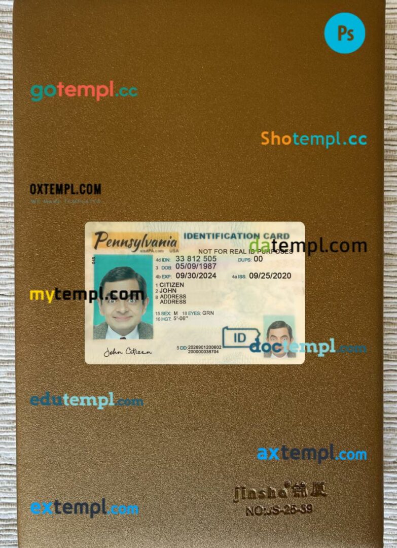 USA Pennsylvania ID card editable PSD files, scan look and photo-realistic look, 2 in 1 USA Pennsylvania ID card editable PSD files, scan look and photo-realistic look, 2 in 1