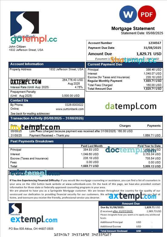 USA Sutton bank mortgage statement in Word and PDF formats USA Sutton bank mortgage statement in Word and PDF formats